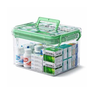 Afrodite Portable Double Layers Medicine Cabinet First Aid Kit Medical Box Household Plastic Pill Storage Box with Detachable Tray and Handle (White & Red, Rectangular)
